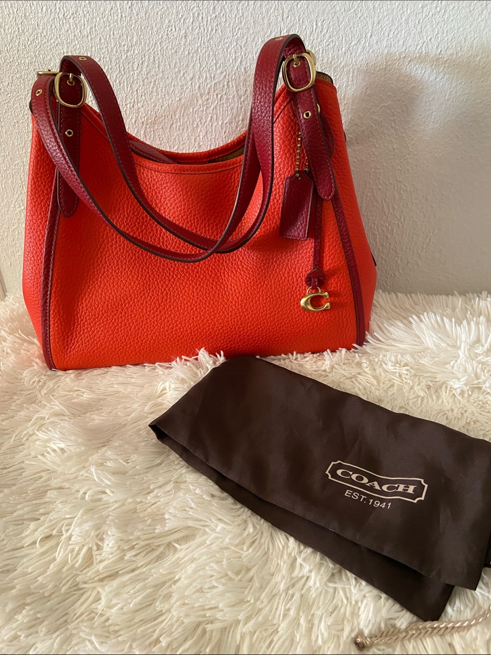 Coach shoulder bag Lori leather colorblock red/orange adjustable straps brass he